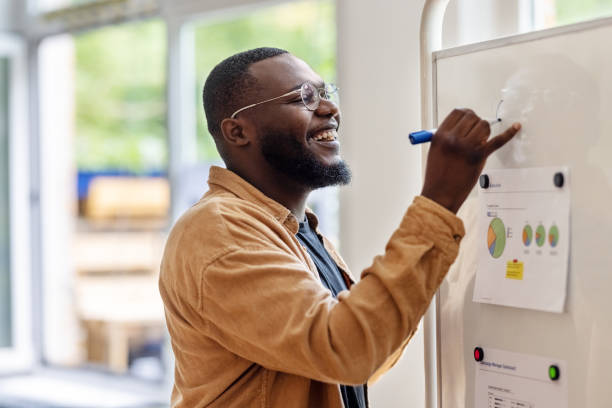 Businessman writing a business plan on a whiteboard at startup office